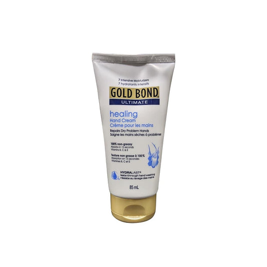 Product label for Gold Bond Ultimate Healing Hand Cream (85 mL)