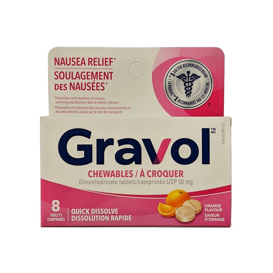 Product label for Gravol Nausea Relief Dimenhydrinate USP 50 mg Chewables (8 tablets)