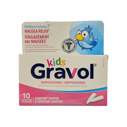 Product label for Gravol Nausea Relief Dimenhydrinate 50 mg Children's Suppositories (10 count)