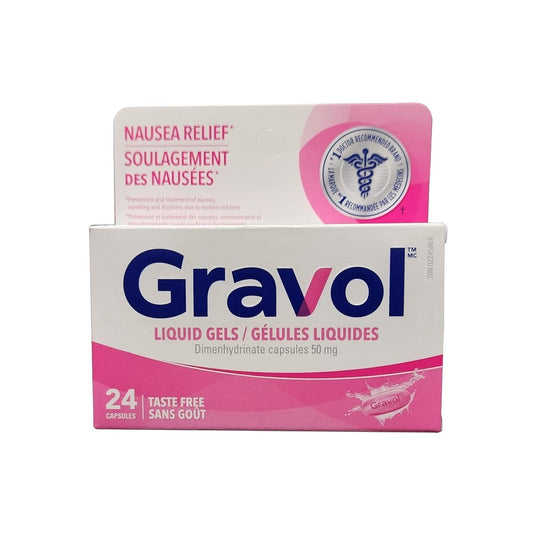 Product label for Gravol Nausea Relief Dimenhydrinate USP 50 mg Liquid Gels (24 capsules)