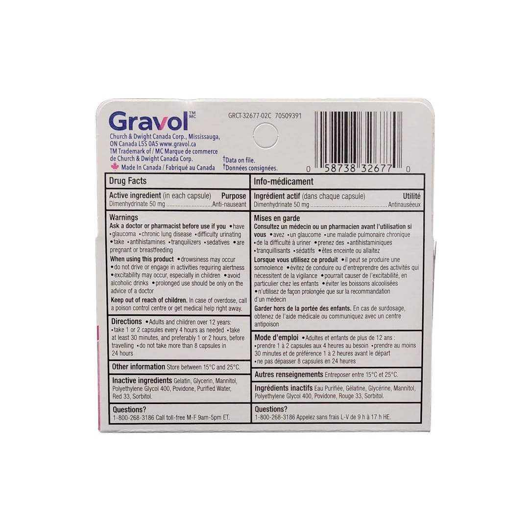 Ingredients, warnings, directions for Gravol Nausea Relief Dimenhydrinate USP 50 mg Liquid Gels (24 capsules)