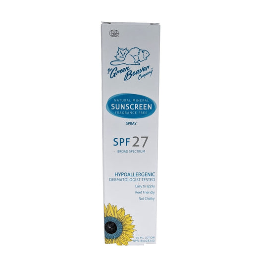 Product package for Green Beaver Natural Mineral Sunscreen Spray SPF27 in English