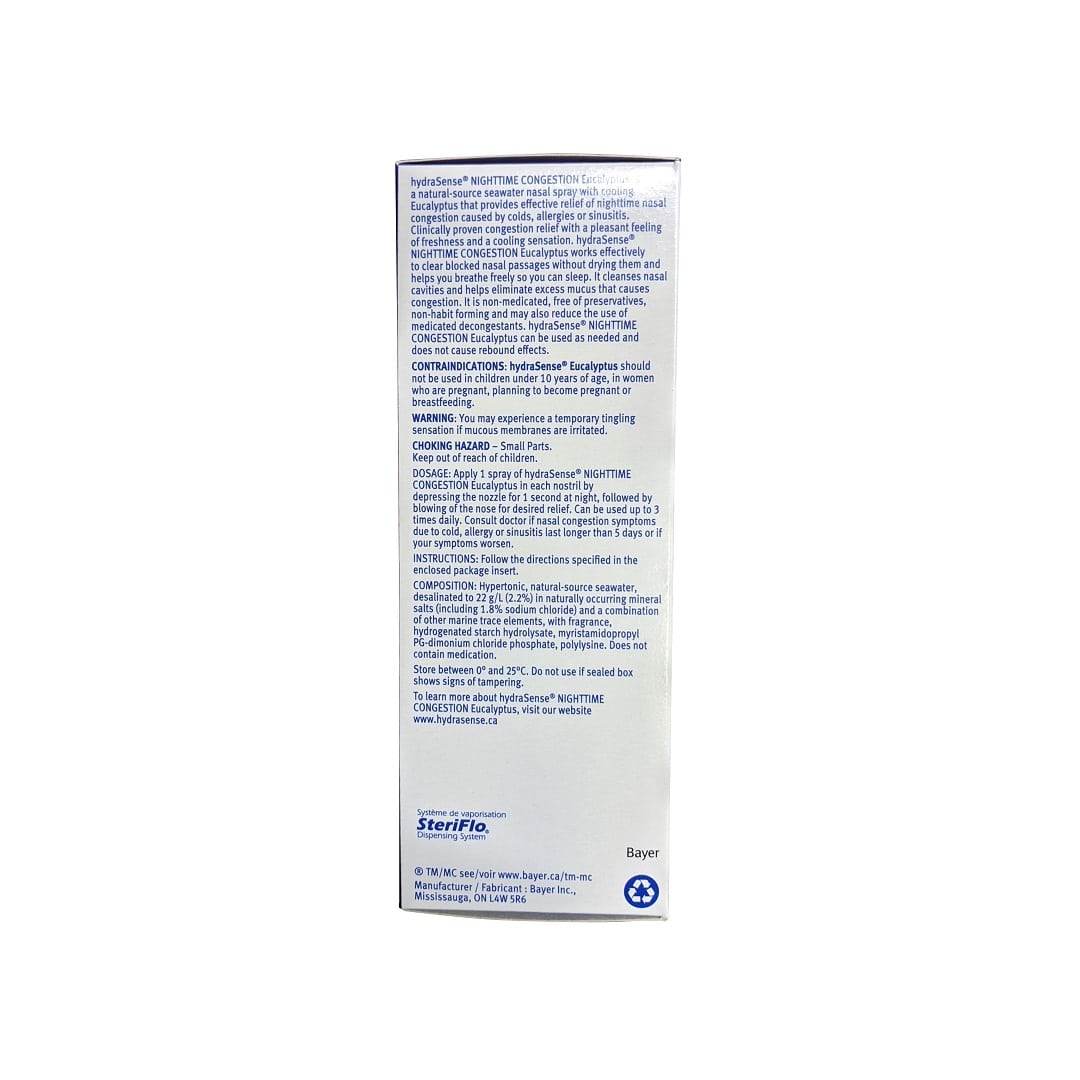 Description, warnings, dose, ingredients for hydraSense Ultra Congestion Relief Spray Nighttime Congestion Eucalyptus (100 mL) in English