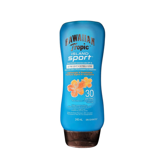 Product label for Hawaiian Tropic Island Sport SPF 30 (240 mL)