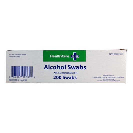 Product label for HealthCare Plus Alcohol Swabs (200 count) in English