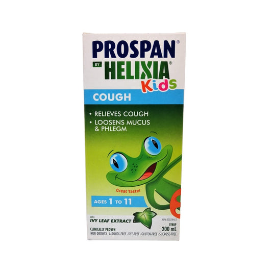Product label for Helixia Kids Cough Syrup 200 mL in English