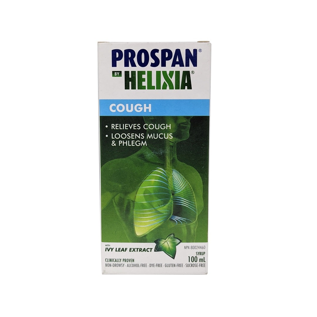 Product label for Helixia Prospan Cough Syrup 100 mL in English