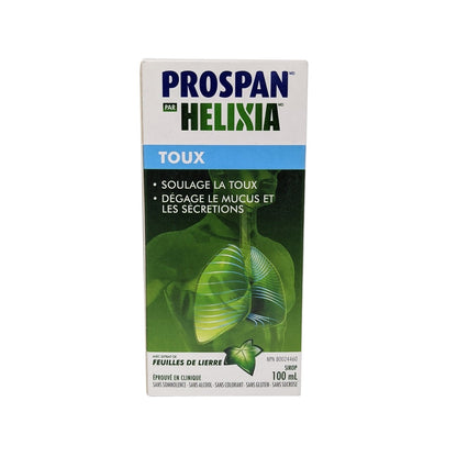 Product label for Helixia Prospan Cough Syrup 100 mL in French