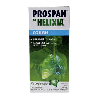 Product label for Helixia Prospan Cough Syrup 200 mL in English