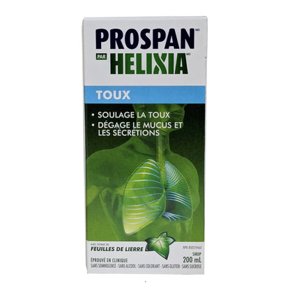 Product label for Helixia Prospan Cough Syrup 200 mL in French