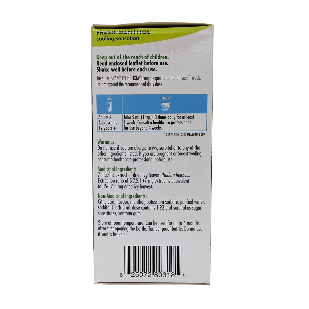 Dose, warnings, and ingredients for Helixia Prospan Cough Syrup with Menthol 200 mL in English