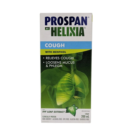 Product label for Helixia Prospan Cough Syrup with Menthol 200 mL in English