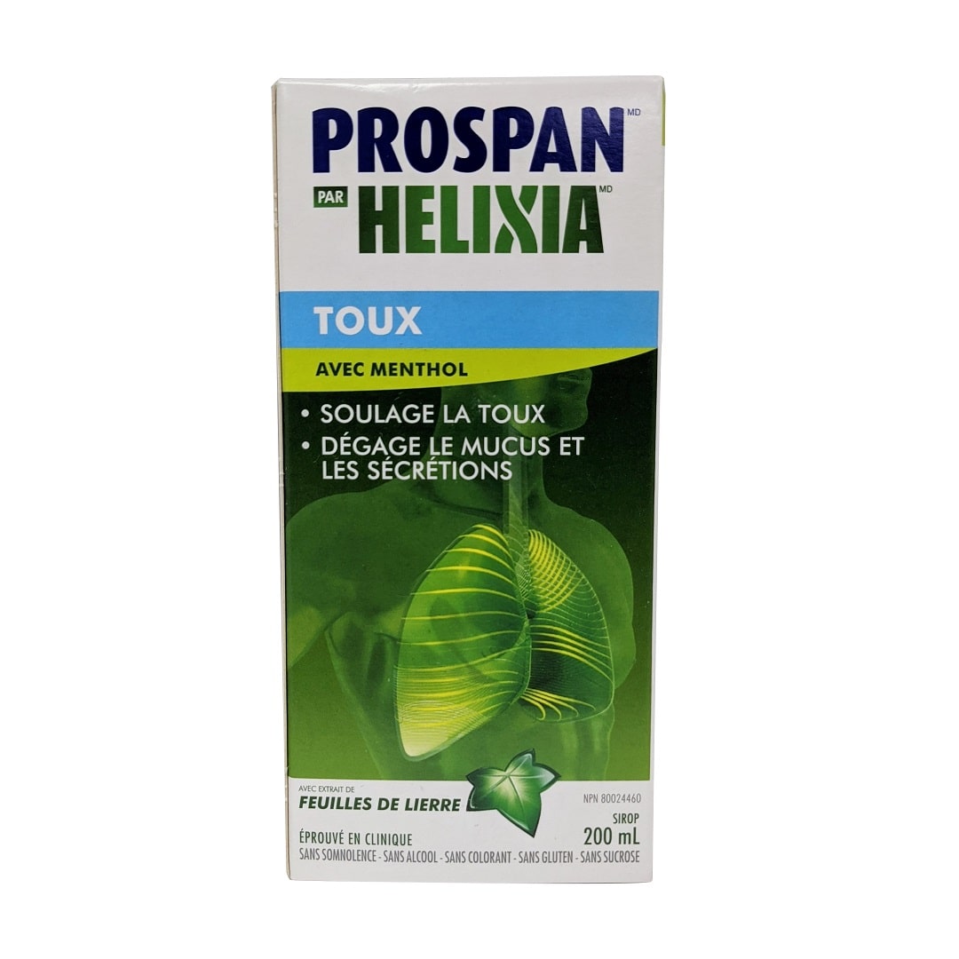 Product label for Helixia Prospan Cough Syrup with Menthol 200 mL in French