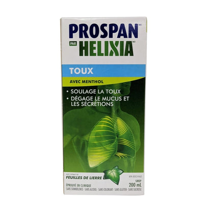 Product label for Helixia Prospan Cough Syrup with Menthol 200 mL in French