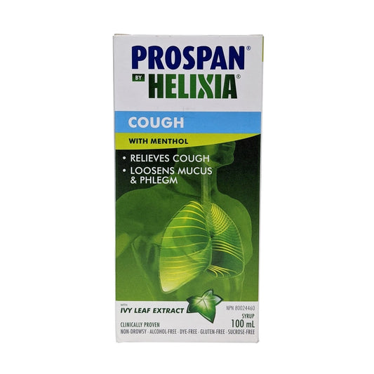 Product label for Helixia Prospan Cough Syrup with Menthol  100 mL in English