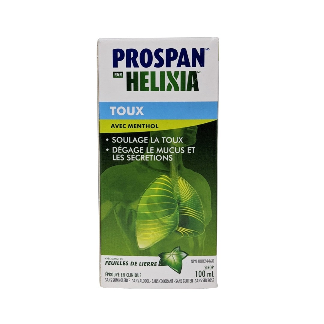 Product label for Helixia Prospan Cough Syrup with Menthol  100 mL in French