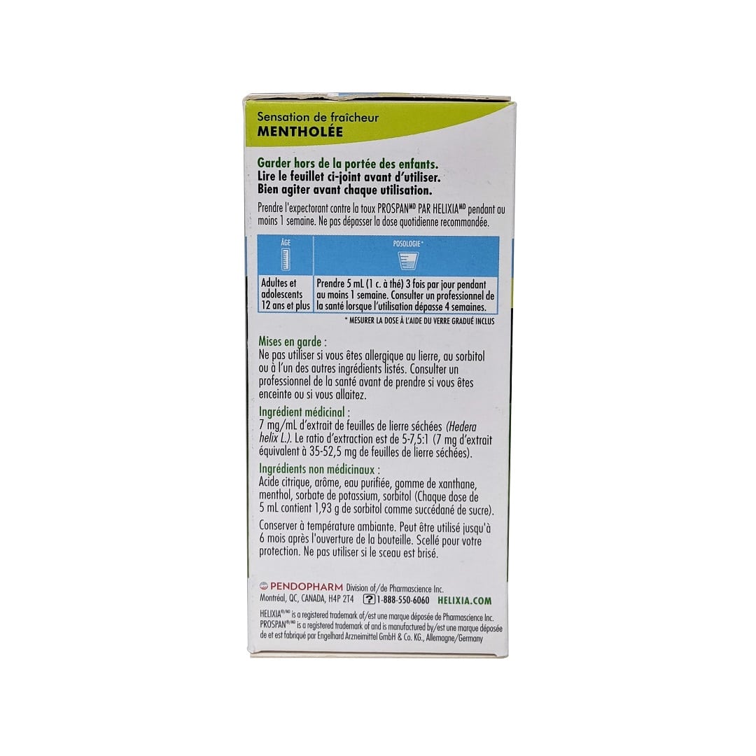Description, dose, warnings, and ingredients for Helixia Prospan Cough Syrup with Menthol (100 mL) in French