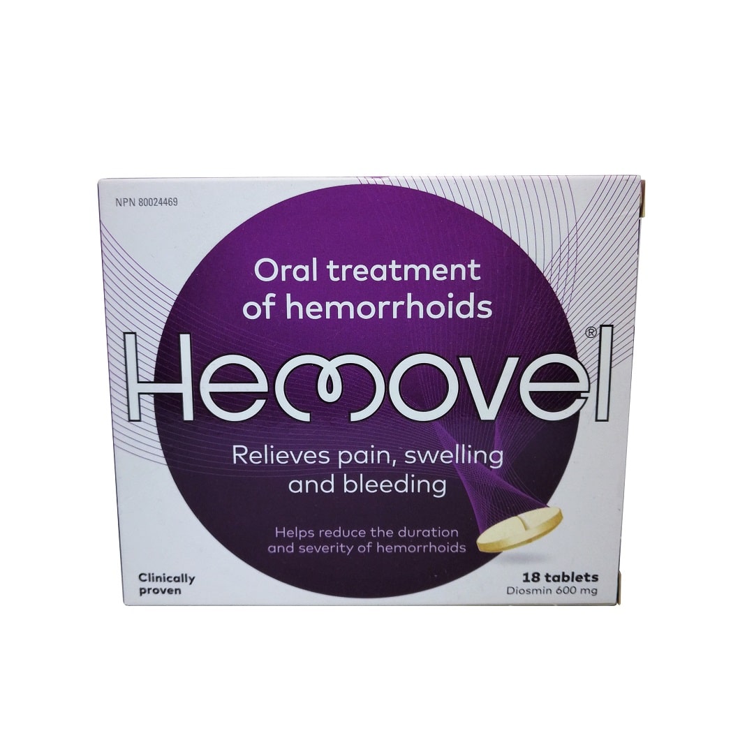 Product label for Hemovel Oral Treatment for Hemorrhoids (18 tablets) in English