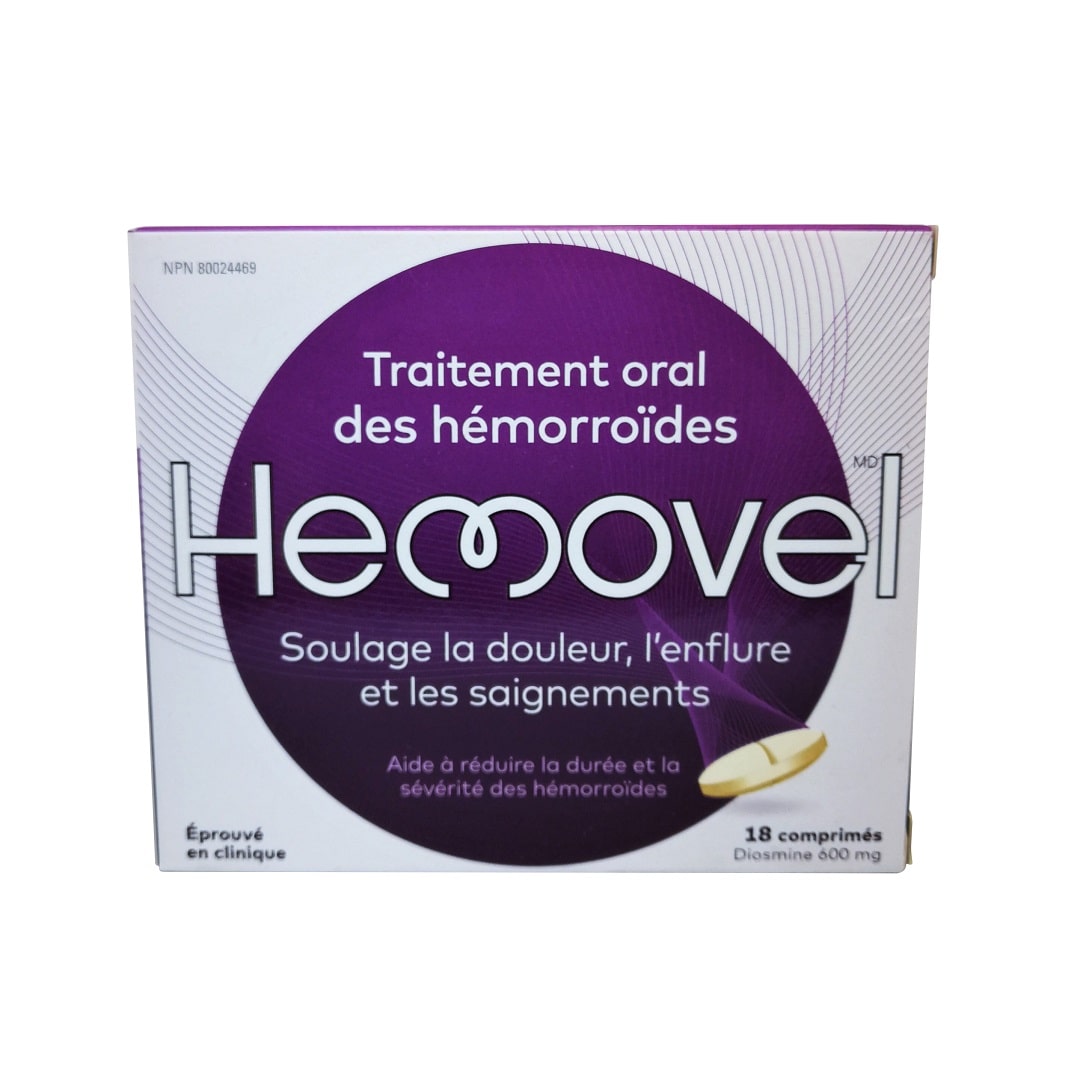 Product label for Hemovel Oral Treatment for Hemorrhoids (18 tablets) in French