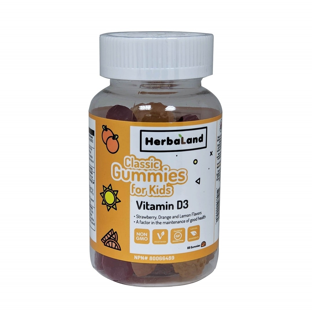 Product label for Herbaland Vitamin D for Kids Fruit Flavours (60 gummies) in English