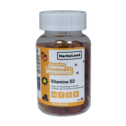 Product label for Herbaland Vitamin D for Kids Fruit Flavours (60 gummies) in French