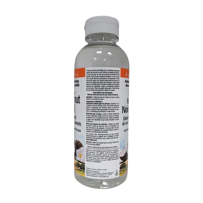 Product description, ingredients, and direcetions for Holista Liquid Coconut Oil in French
