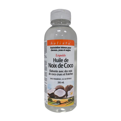 Product label for Holista Liquid Coconut Oil in French