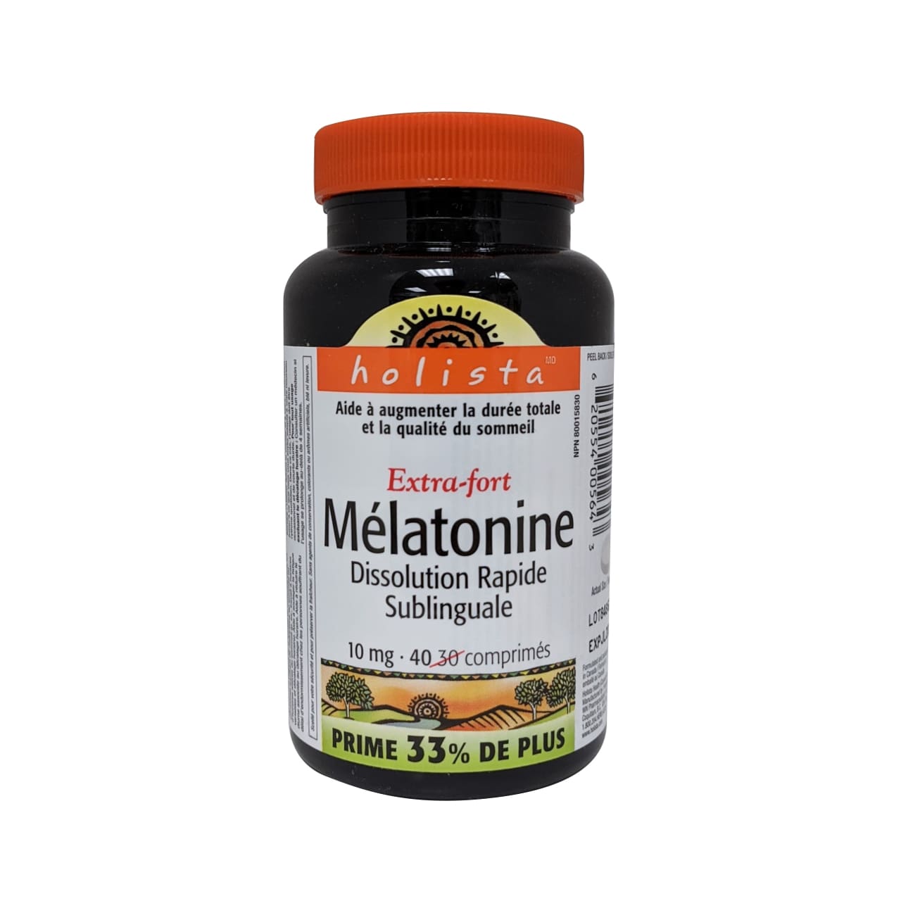 Product label for Holista Melatonin Extra Strength 10mg in French