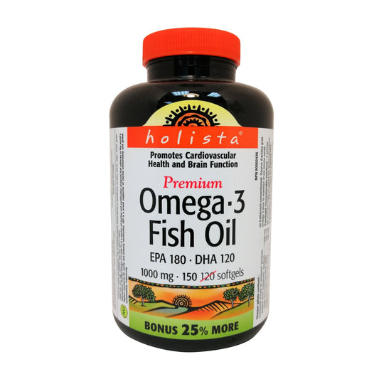 Product label for Holista Omega-3 Fish Oil 1000mg in English