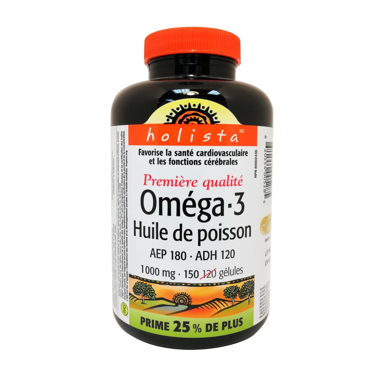 Product label for Holista Omega-3 Fish Oil 1000mg in French