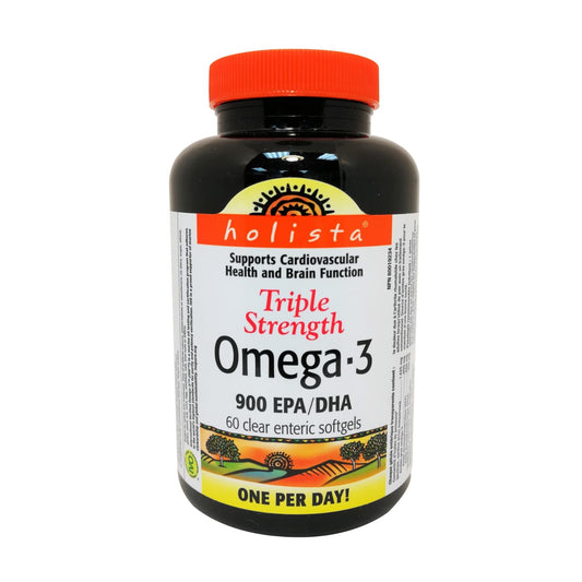 Product label for Holista Omega-3 Triple Strength 900 EPA/DHA in English