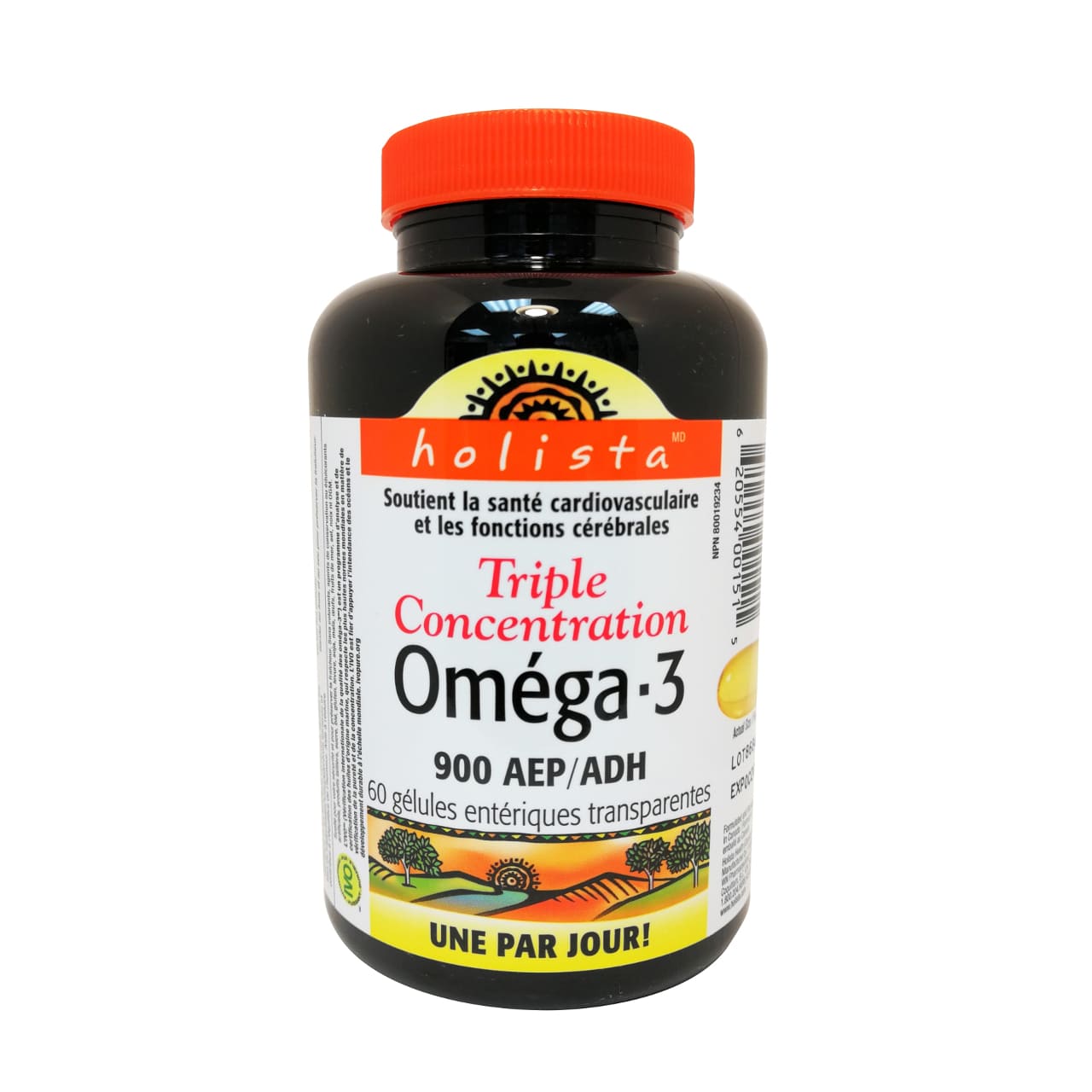 Product label for Holista Omega-3 Triple Strength 900 EPA/DHA in French