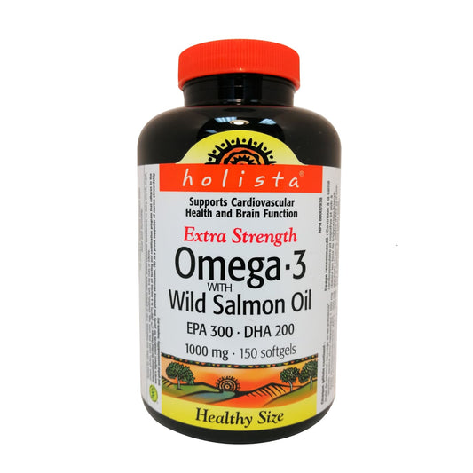 Product label for Holista Omega-3 with Wild Salmon Oil 1000mg in English