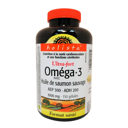 Product label for Holista Omega-3 with Wild Salmon Oil 1000mg in French