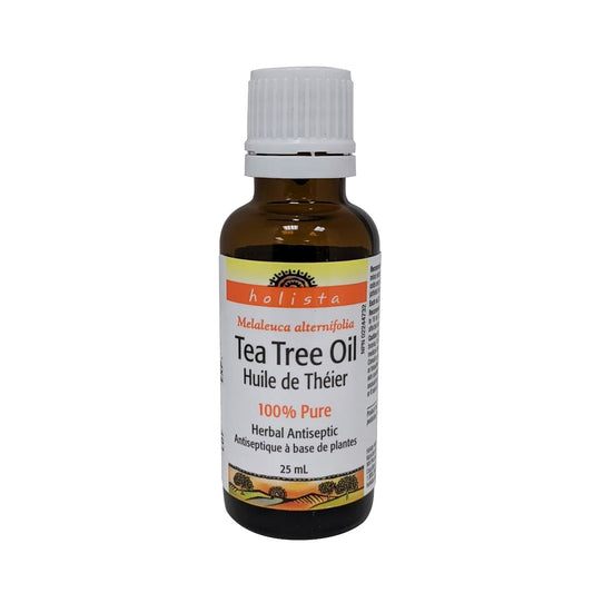 Product label for Holista Tea Tree Oil 100% Pure 25 mL