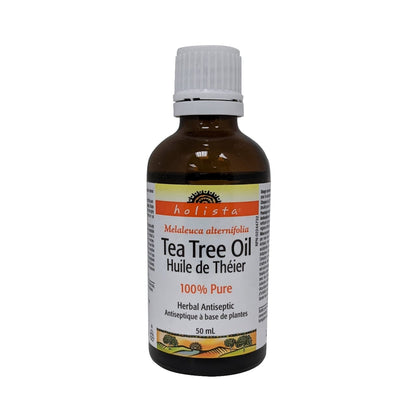 Product label for Holista Tea Tree Oil 100% Pure 50 mL