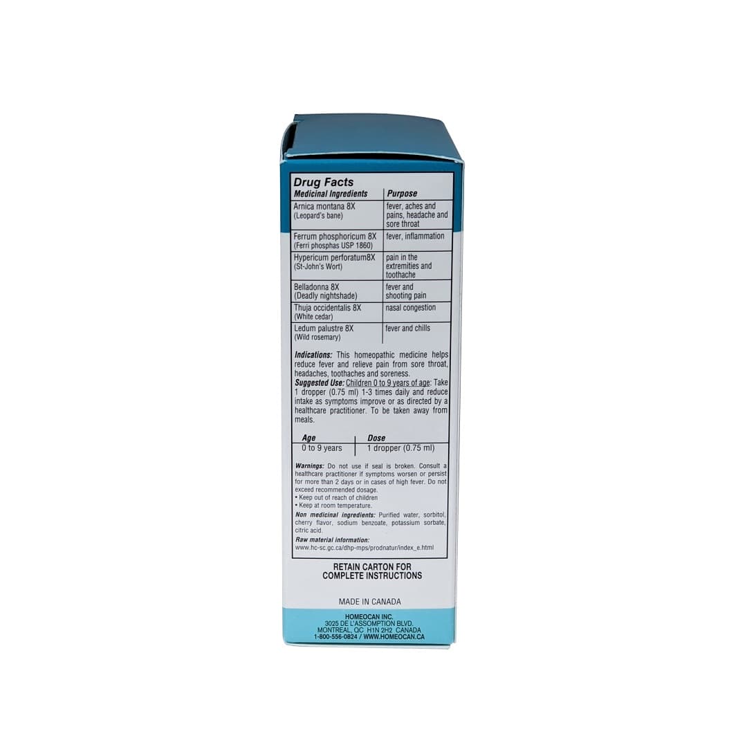 Indications, ingredients, uses, warnings for Homeocan 0-9 Pain and Fever (25 mL) in English