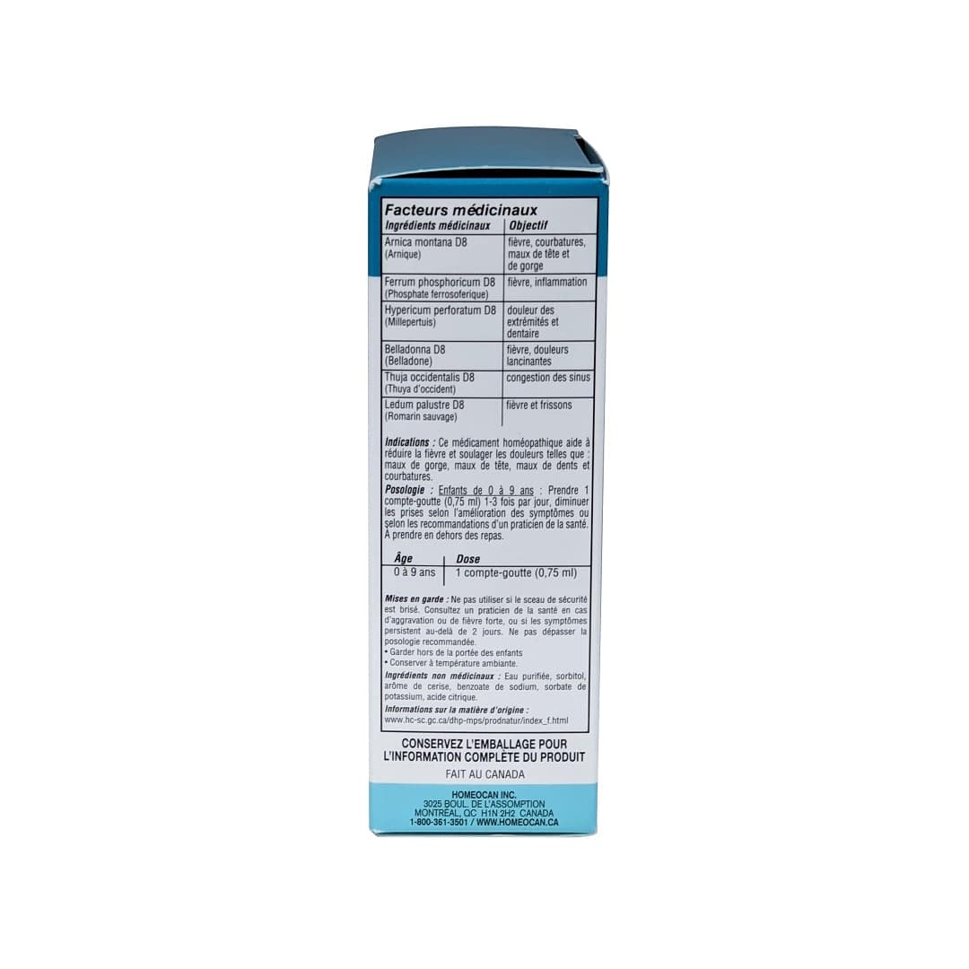 Indications, ingredients, uses, warnings for Homeocan 0-9 Pain and Fever (25 mL) in French