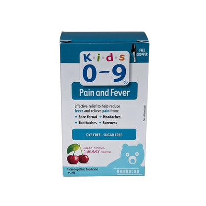 Product label for Homeocan 0-9 Pain and Fever (25 mL) in English