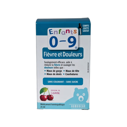 Product label for Homeocan 0-9 Pain and Fever (25 mL) in French