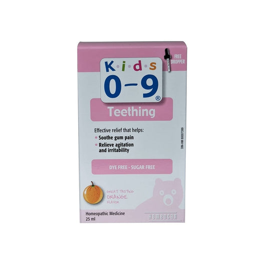 Product label for Homeocan 0-9 Teething (25 mL) in English