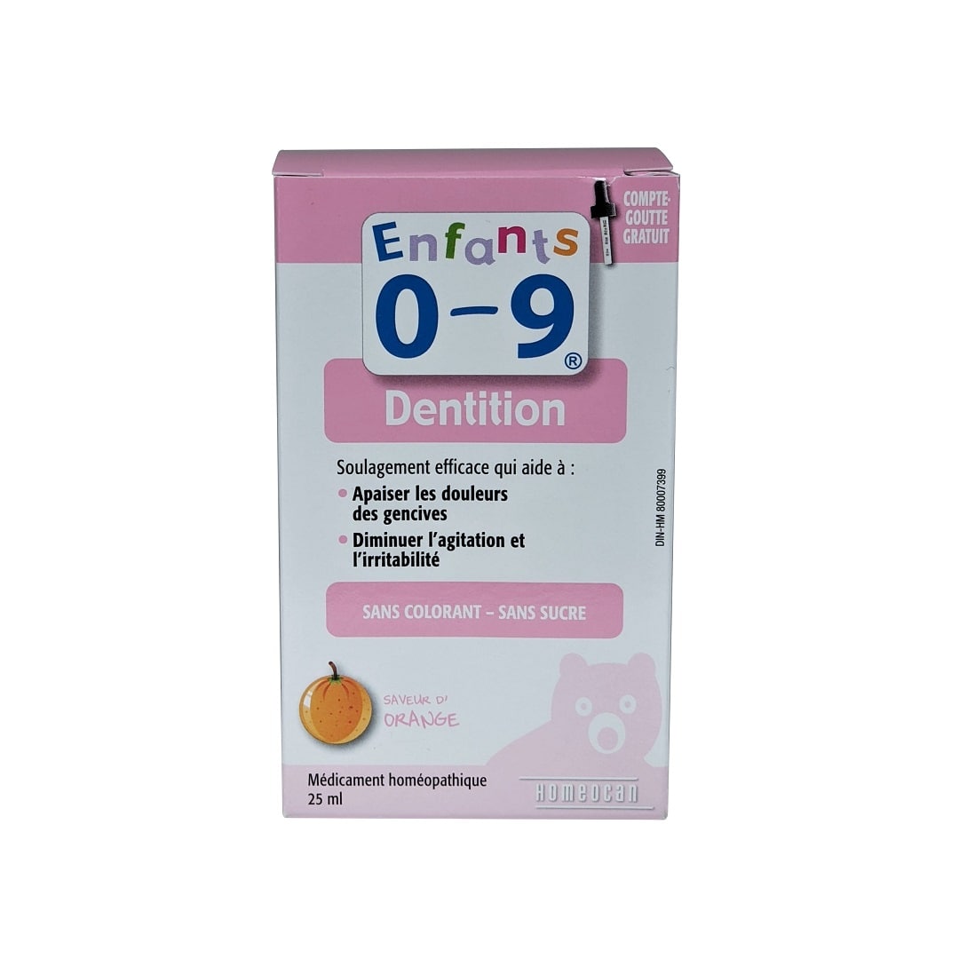 Product label for Homeocan 0-9 Teething (25 mL) in French