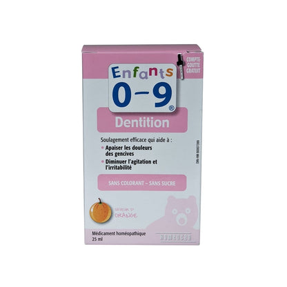 Product label for Homeocan 0-9 Teething (25 mL) in French