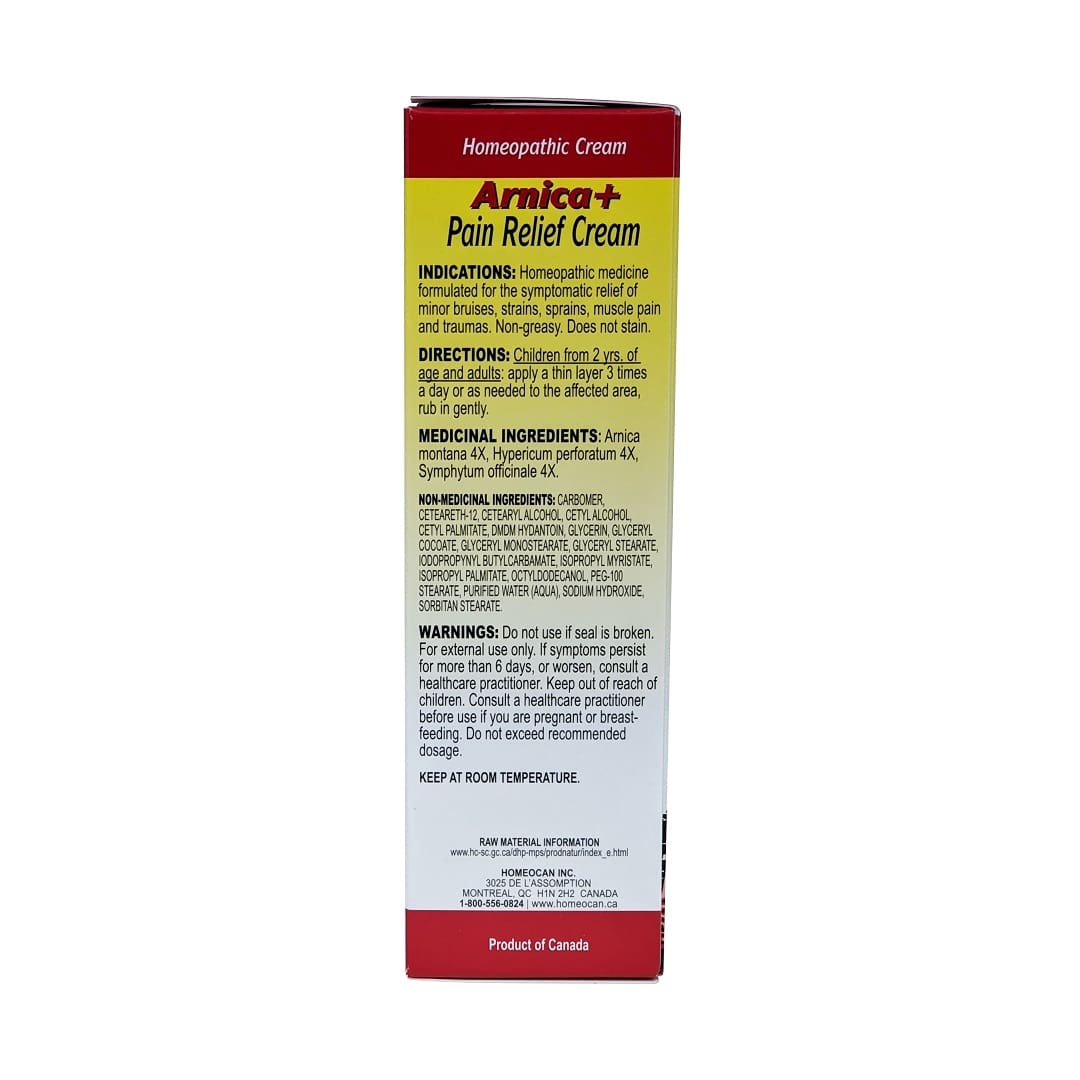 Indications, directions, ingredients, and warnings for Homeocan Arnica+ Pain Relief Cream (50 grams) in English