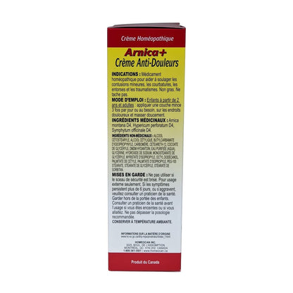 Indications, directions, ingredients, and warnings for Homeocan Arnica+ Pain Relief Cream (50 grams) in French