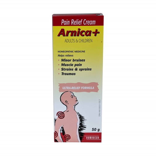 Product label for Homeocan Arnica+ Pain Relief Cream (50 grams) in English