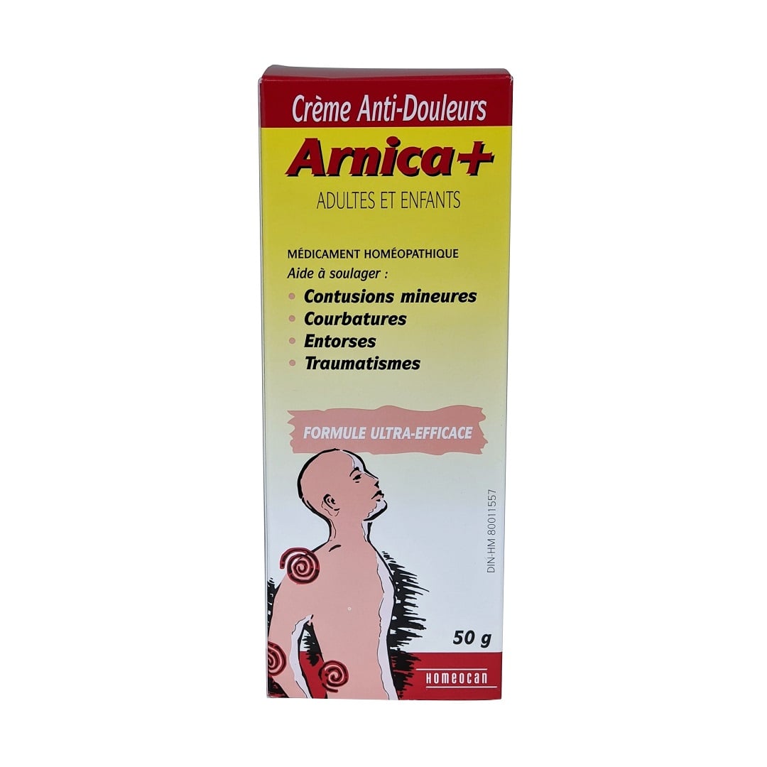 Product label for Homeocan Arnica+ Pain Relief Cream (50 grams) in French