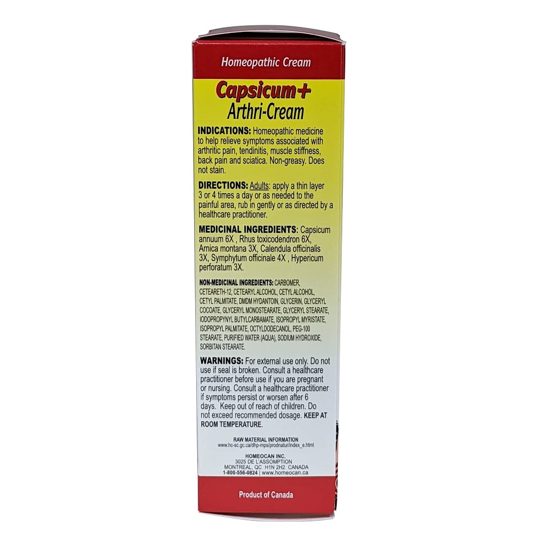 Indications, directions, ingredients, and warnings for Homeocan Capsicum+ Arthri-Cream (50 grams) in English