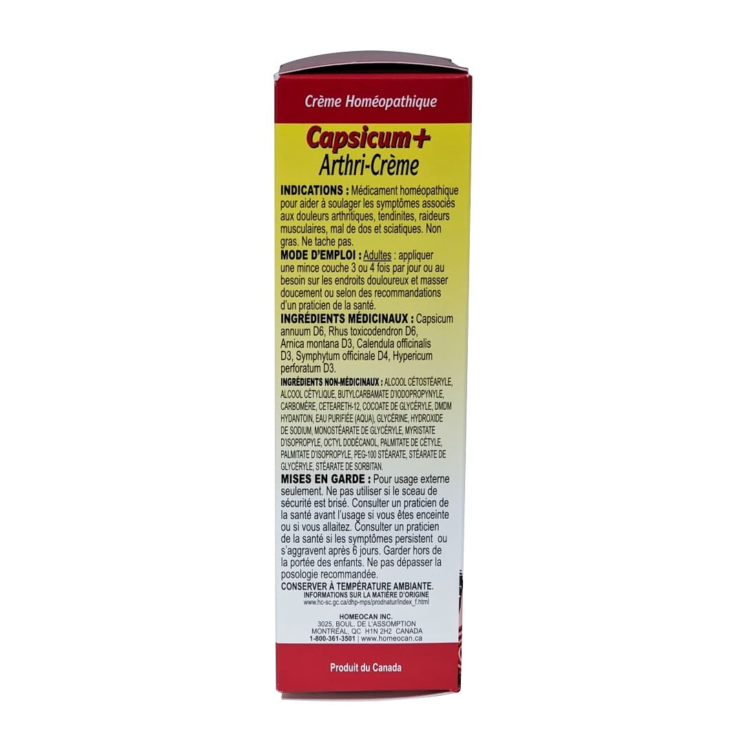 Indications, directions, ingredients, and warnings for Homeocan Capsicum+ Arthri-Cream (50 grams) in French