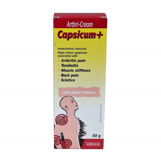 Product label for Homeocan Capsicum+ Arthri-Cream (50 grams) in English